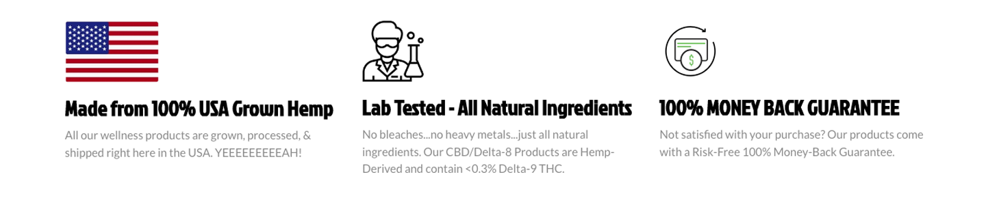 Image banner displaying our trust badges for 100% USA grown hemp, Lab tested and money back guarantee